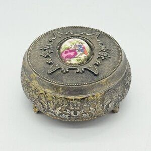 Vintage FKS Japan Trinket Box Enamel Faux Cameo Floral Metal Red Velvet Lined